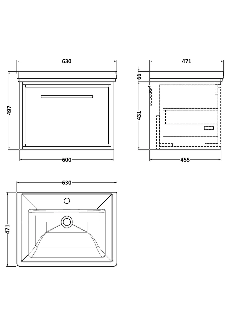Lille 600mm Wall Hung 1 Drawer Vanity Unit & Traditional Fireclay Basin With 1 Tap Hole - Pebble Grey Matt