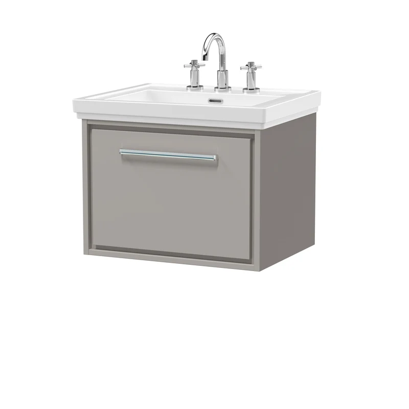 Lille 600mm Wall Hung 1 Drawer Vanity Unit & Traditional Fireclay Basin With 3 Tap Holes - Pebble Grey Matt
