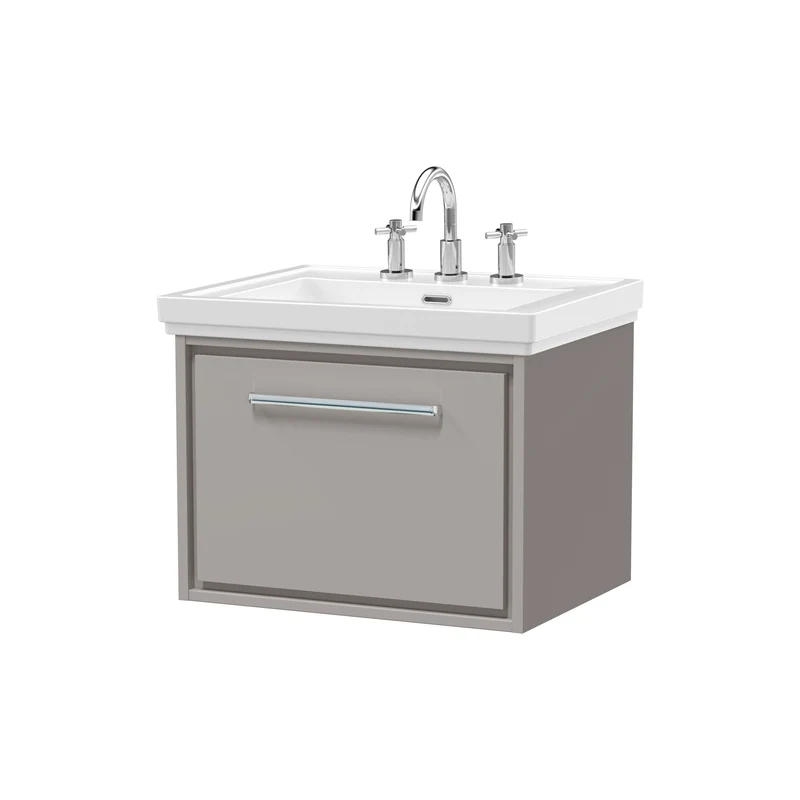 Lille 600mm Wall Hung 1 Drawer Vanity Unit & Traditional Fireclay Basin With 3 Tap Holes - Pebble Grey Matt