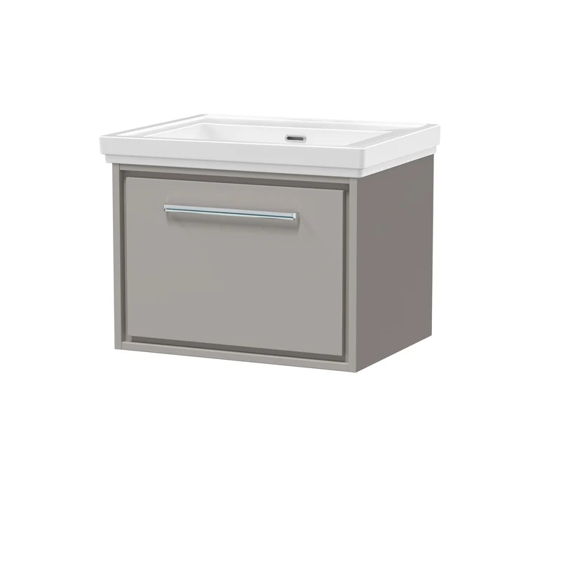 Lille 600mm Wall Hung 1 Drawer Vanity Unit & Traditional Fireclay Basin With No Tap Holes - Pebble Grey Matt