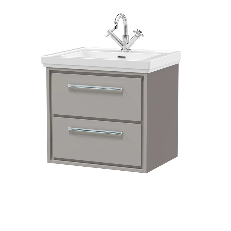 Lille 600mm Wall Hung 2 Drawer Vanity Unit & Traditional Fireclay Basin With 1 Tap Hole - Pebble Grey Matt