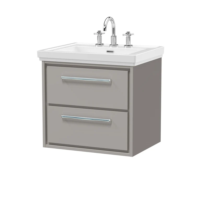 Lille 600mm Wall Hung 2 Drawer Vanity Unit & Traditional Fireclay Basin With 3 Tap Holes - Pebble Grey Matt