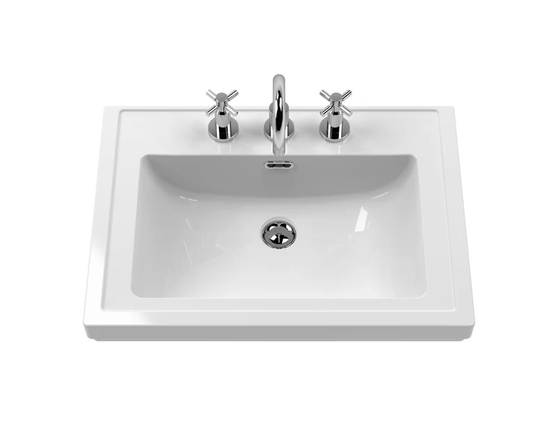 Lille 600mm Wall Hung 2 Drawer Vanity Unit & Traditional Fireclay Basin With 3 Tap Holes - Pebble Grey Matt