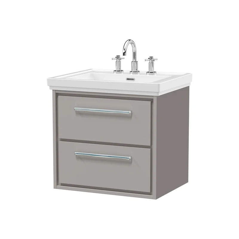 Lille 600mm Wall Hung 2 Drawer Vanity Unit & Traditional Fireclay Basin With 3 Tap Holes - Pebble Grey Matt