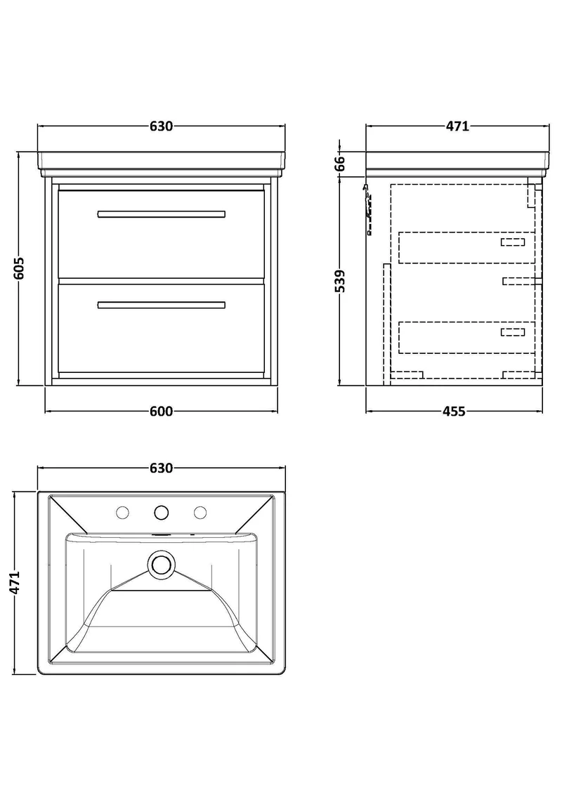 Lille 600mm Wall Hung 2 Drawer Vanity Unit & Traditional Fireclay Basin With 3 Tap Holes - Pebble Grey Matt
