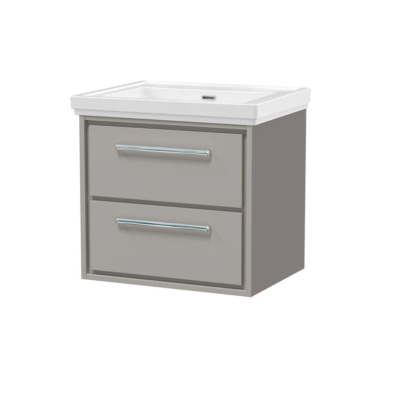 Lille 600mm Wall Hung 2 Drawer Vanity Unit & Traditional Fireclay Basin With No Tap Holes - Pebble Grey Matt