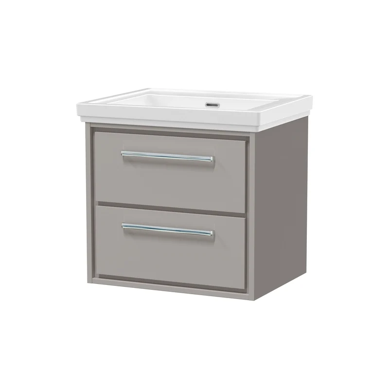 Lille 600mm Wall Hung 2 Drawer Vanity Unit & Traditional Fireclay Basin With No Tap Holes - Pebble Grey Matt