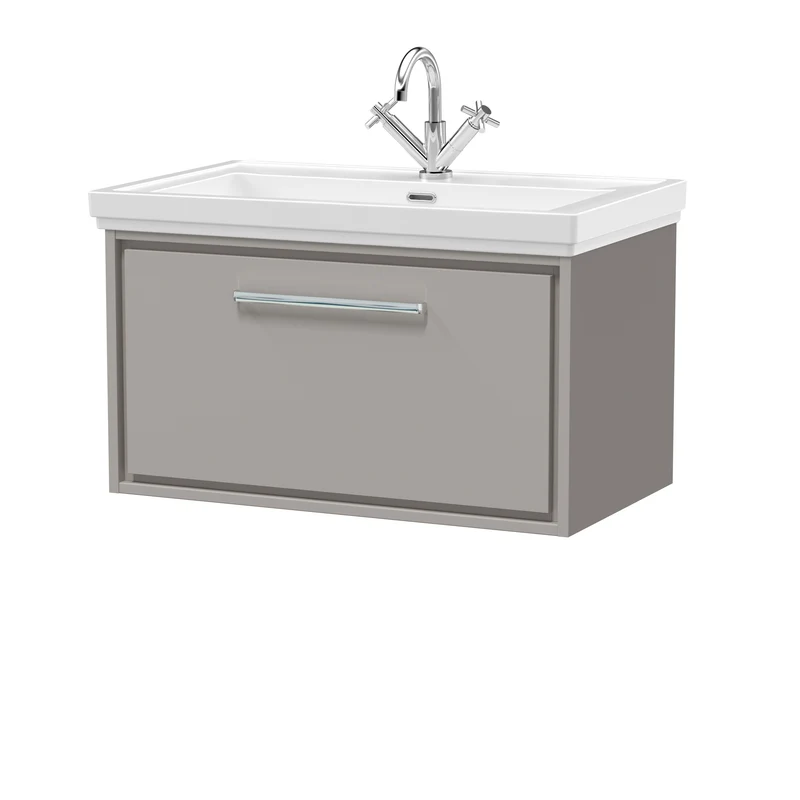 Lille 800mm Wall Hung 1 Drawer Vanity Unit & Traditional Fireclay Basin With 1 Tap Hole - Pebble Grey Matt