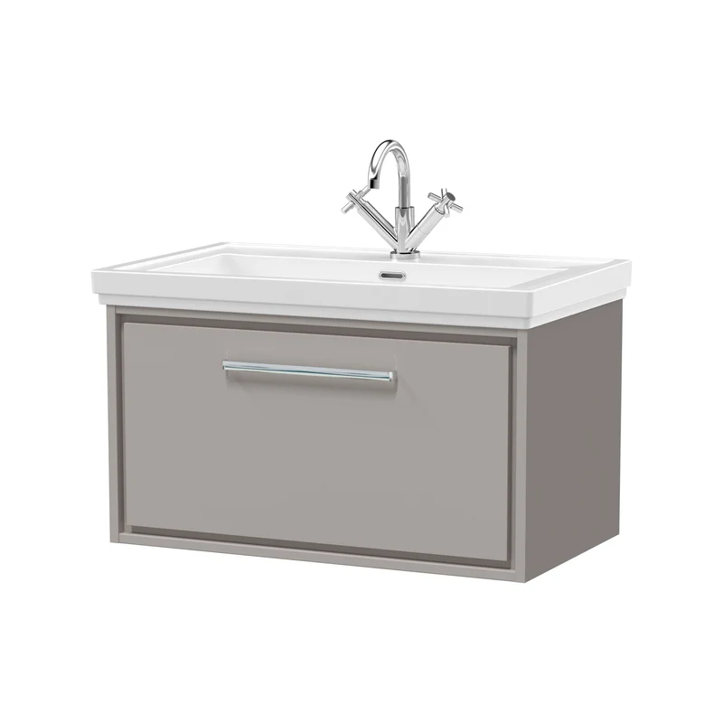 Lille 800mm Wall Hung 1 Drawer Vanity Unit & Traditional Fireclay Basin With 1 Tap Hole - Pebble Grey Matt