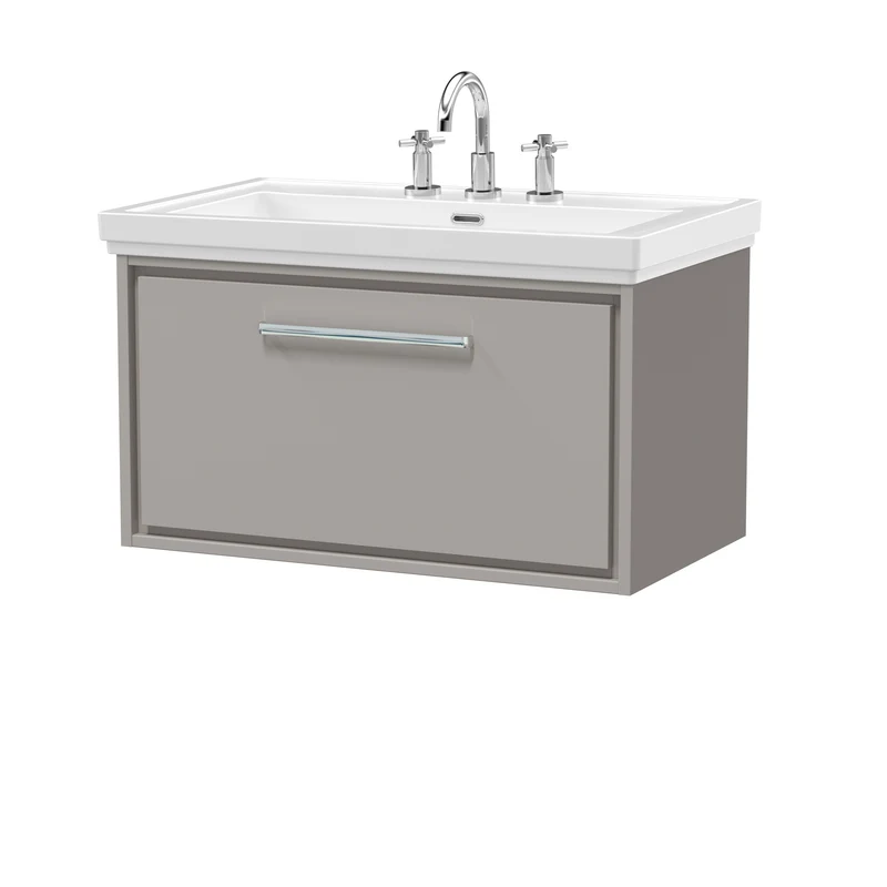 Lille 800mm Wall Hung 1 Drawer Vanity Unit & Traditional Fireclay Basin With 3 Tap Holes - Pebble Grey Matt