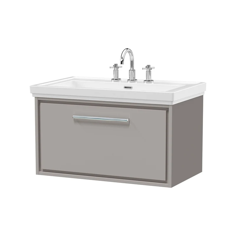 Lille 800mm Wall Hung 1 Drawer Vanity Unit & Traditional Fireclay Basin With 3 Tap Holes - Pebble Grey Matt
