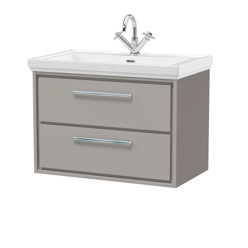 Lille 800mm Wall Hung 2 Drawer Vanity Unit & Traditional Fireclay Basin With 1 Tap Hole - Pebble Grey Matt