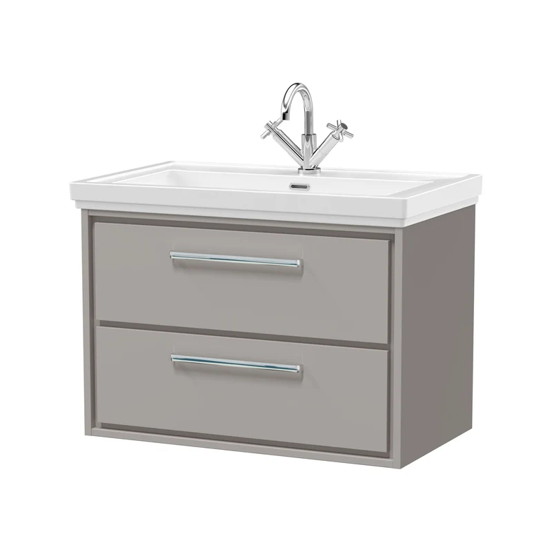 Lille 800mm Wall Hung 2 Drawer Vanity Unit & Traditional Fireclay Basin With 1 Tap Hole - Pebble Grey Matt
