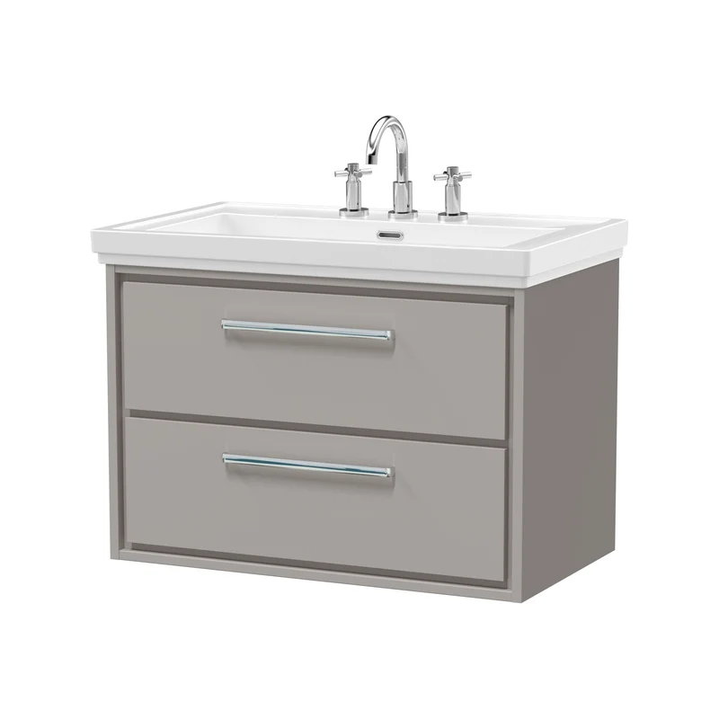 Lille 800mm Wall Hung 2 Drawer Vanity Unit & Traditional Fireclay Basin With 3 Tap Holes - Pebble Grey Matt