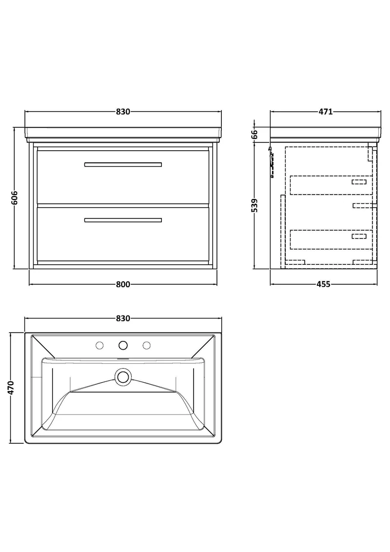 Lille 800mm Wall Hung 2 Drawer Vanity Unit & Traditional Fireclay Basin With 3 Tap Holes - Pebble Grey Matt