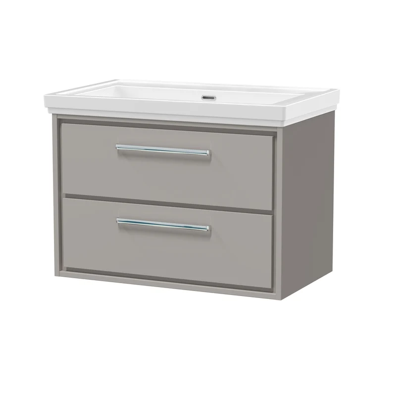 Lille 800mm Wall Hung 2 Drawer Vanity Unit & Traditional Fireclay Basin With No Tap Holes - Pebble Grey Matt