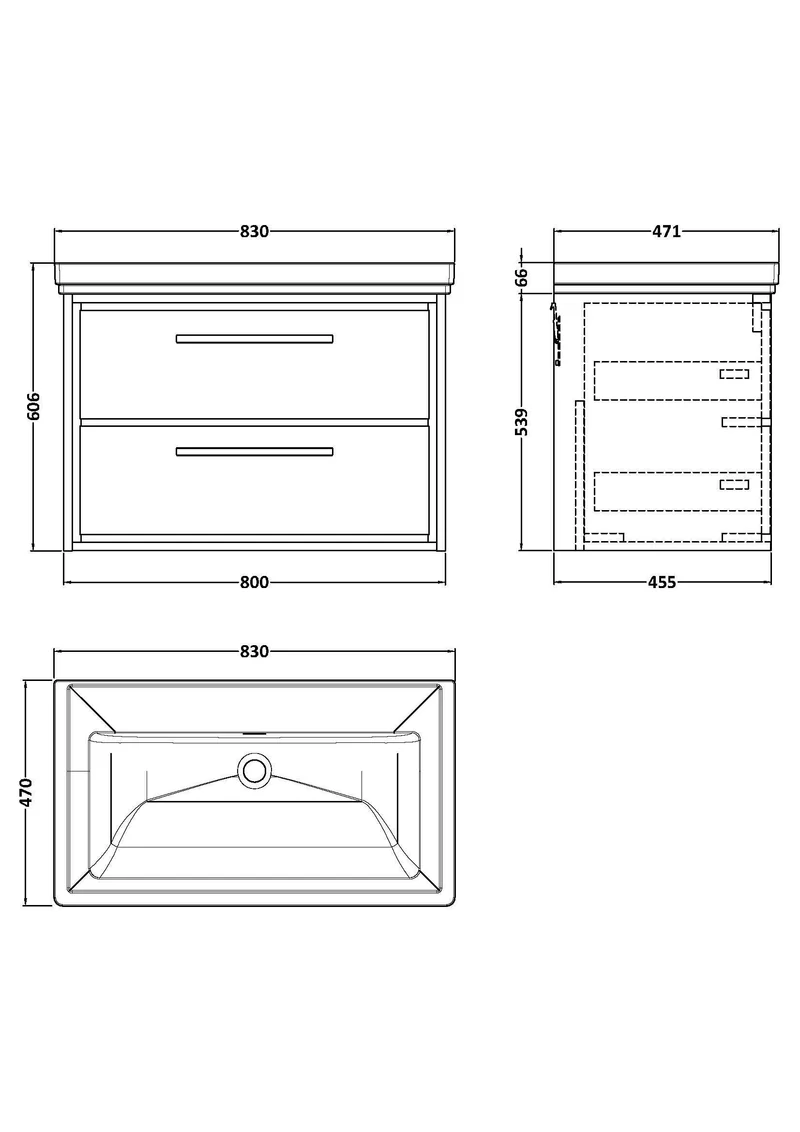 Lille 800mm Wall Hung 2 Drawer Vanity Unit & Traditional Fireclay Basin With No Tap Holes - Pebble Grey Matt