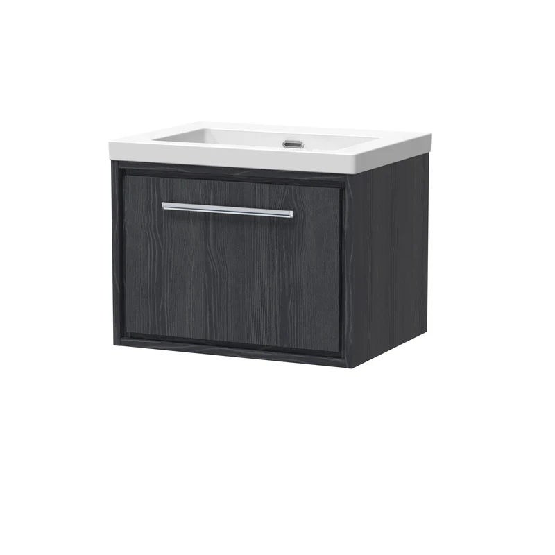 Lille 600mm Wall Hung 1 Drawer Vanity Unit & Modern Fireclay Basin With No Tap Holes - Graphite Grey Woodgrain
