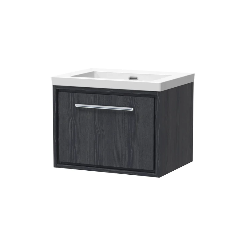 Lille 600mm Wall Hung 1 Drawer Vanity Unit & Modern Fireclay Basin With No Tap Holes - Graphite Grey Woodgrain