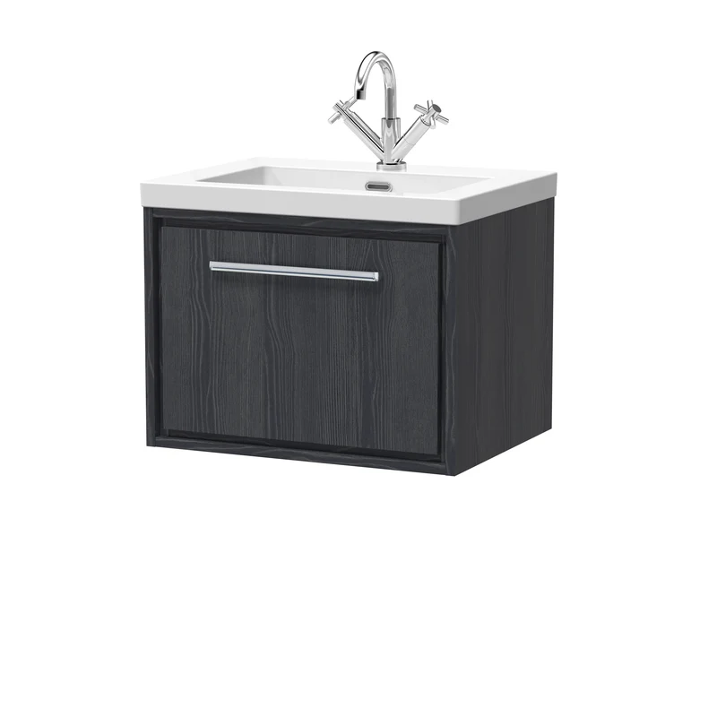 Lille 600mm Wall Hung 1 Drawer Vanity Unit & Modern Fireclay Basin With 1 Tap Hole - Graphite Grey Woodgrain