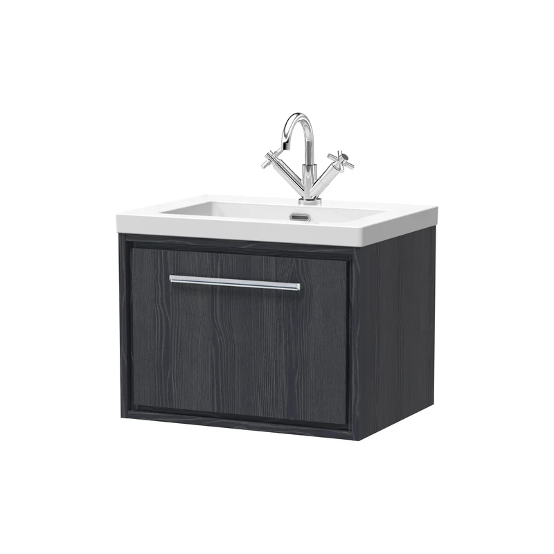Lille 600mm Wall Hung 1 Drawer Vanity Unit & Modern Fireclay Basin With 1 Tap Hole - Graphite Grey Woodgrain