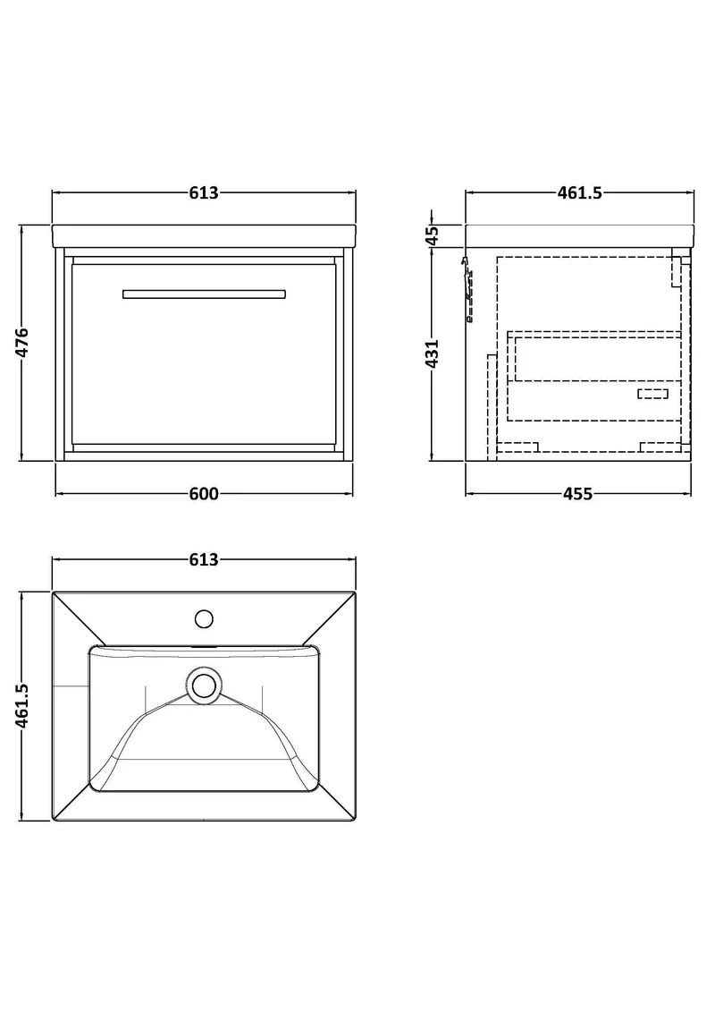 Lille 600mm Wall Hung 1 Drawer Vanity Unit & Modern Fireclay Basin With 1 Tap Hole - Graphite Grey Woodgrain