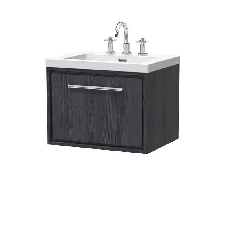 Lille 600mm Wall Hung 1 Drawer Vanity Unit & Modern Fireclay Basin With 3 Tap Holes - Graphite Grey Woodgrain