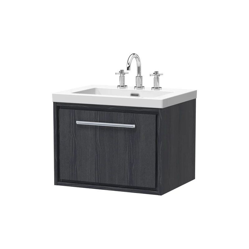 Lille 600mm Wall Hung 1 Drawer Vanity Unit & Modern Fireclay Basin With 3 Tap Holes - Graphite Grey Woodgrain