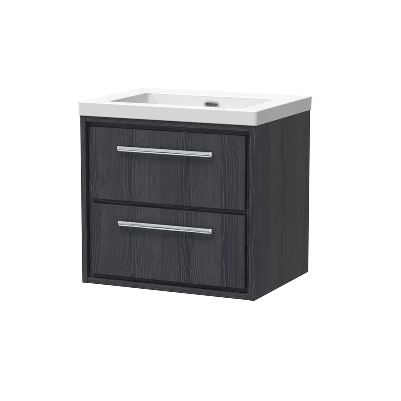 Lille 600mm Wall Hung 2 Drawer Vanity Unit & Modern Fireclay Basin With No Tap Holes - Graphite Grey Woodgrain