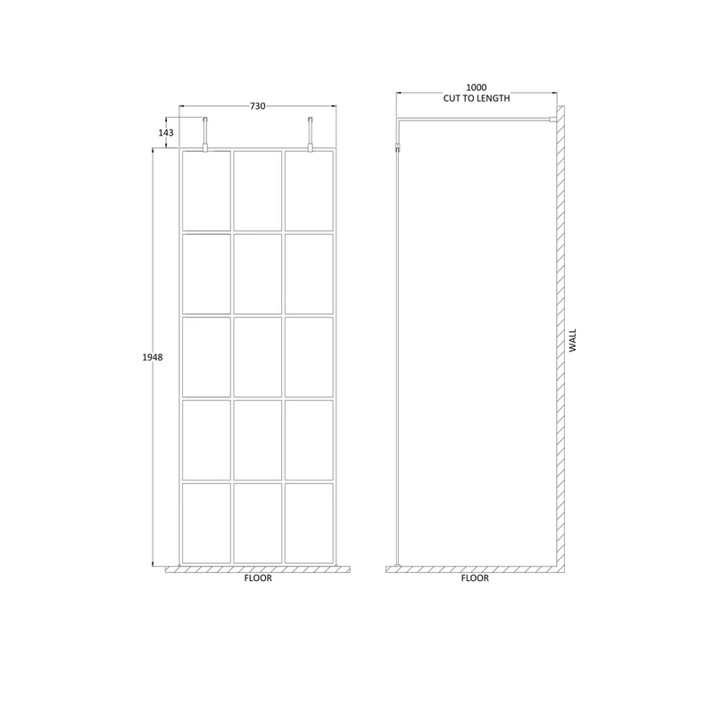 Hudson Reed Wetroom Screens 760mm Frame Screen With Arms And Feet Contemp Matt Black Aluminium 1950x760x14mm