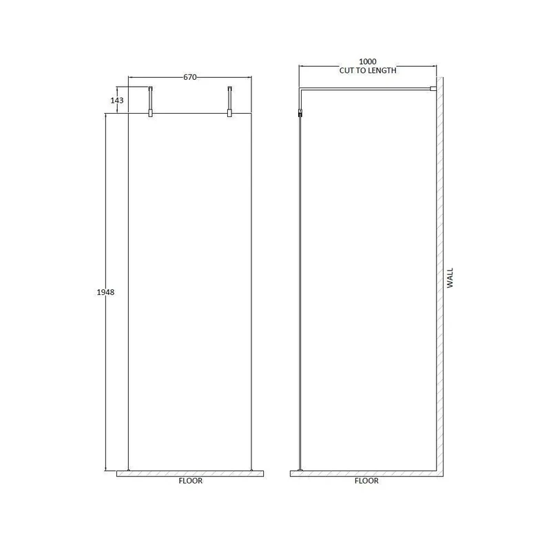 Hudson Reed Wetroom Screens 700mm Wetroom Screen With Arms And Feet Contemp Matt Black Aluminium 1950x700x14mm