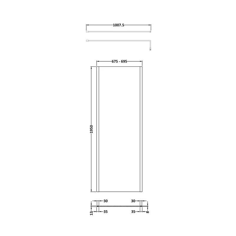 Hudson Reed Wetroom Screens 700mm Outer Framed Wetroom Screen With Support Bar Contemp Matt Black Aluminium 1950x700x14mm