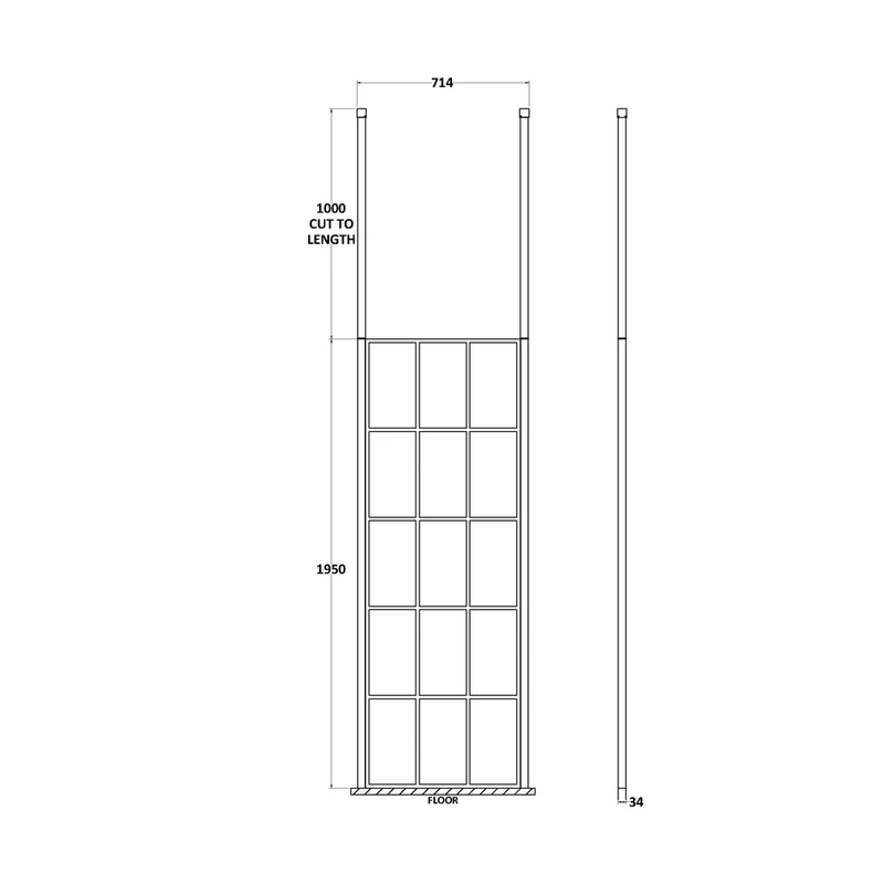 Hudson Reed Wetroom Screens 700mm Frame Screen With Ceiling Posts Contemp Matt Black Aluminium 1950x700x14mm
