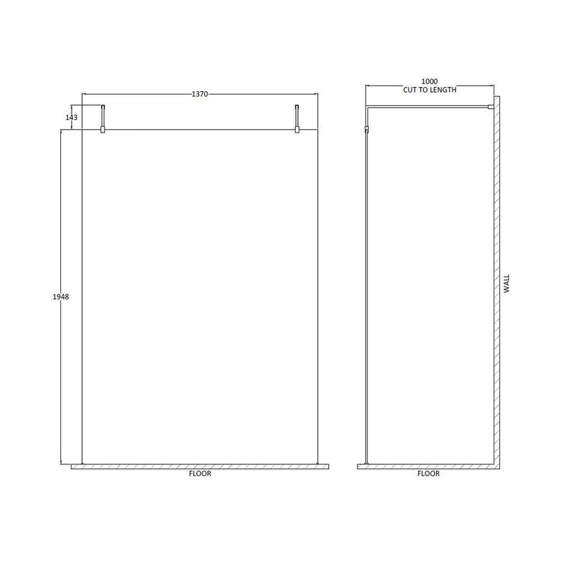 Hudson Reed Wetroom Screens 1400mm Wetroom Screen With Arms And Feet Contemp Matt Black Aluminium 1950x1400x14mm