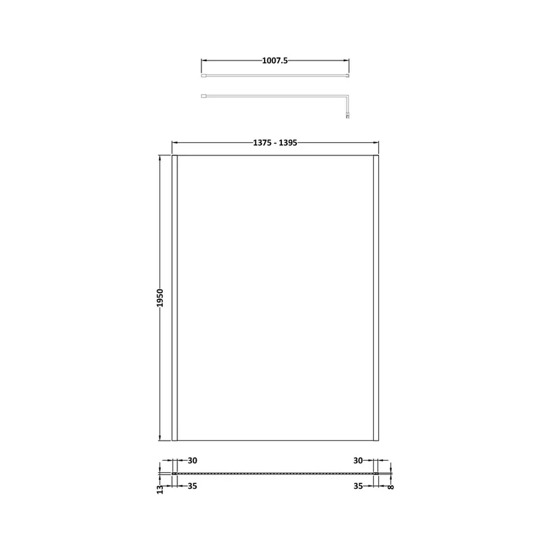 Hudson Reed Wetroom Screens 1400mm Outer Framed Wetroom Screen With Support Bar Contemp Brushed Brass Aluminium 1950x1400x14mm - WRSOBB14