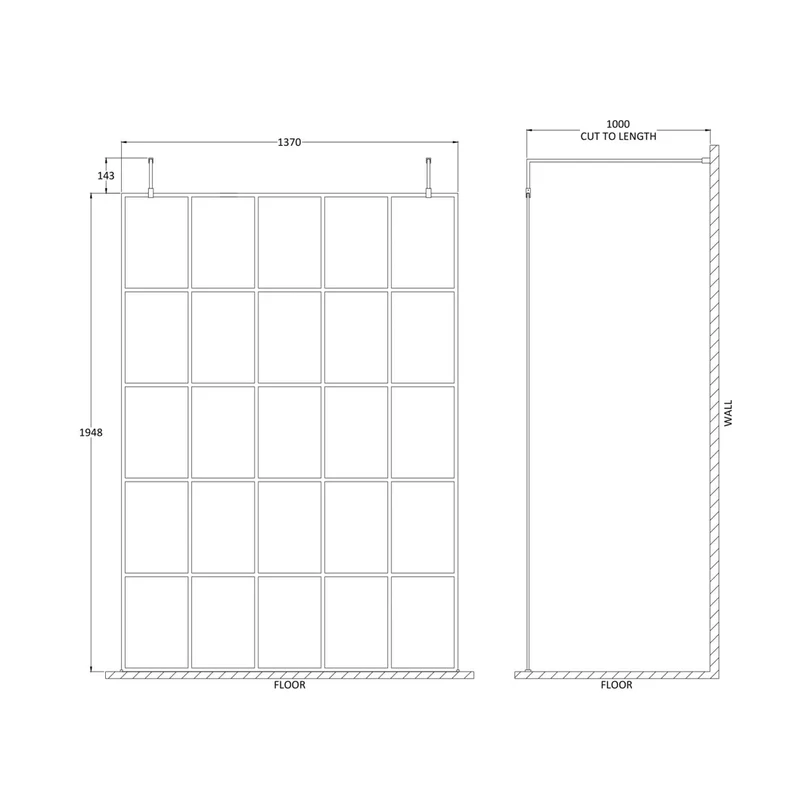 Hudson Reed Wetroom Screens 1400mm Frame Screen With Arms And Feet Contemp Matt Black Aluminium 1950x1400x14mm