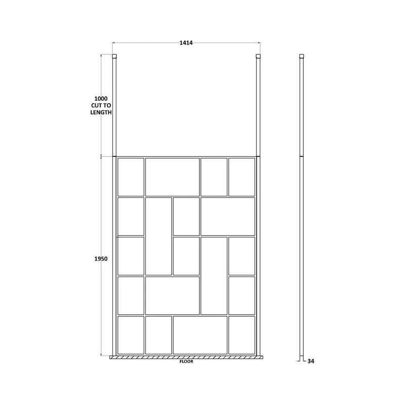 Hudson Reed Wetroom Screens 1400mm Abstract Frame Wetroom Screen With Ceiling Posts Contemp Matt Black Aluminium 1950x1450x60mm