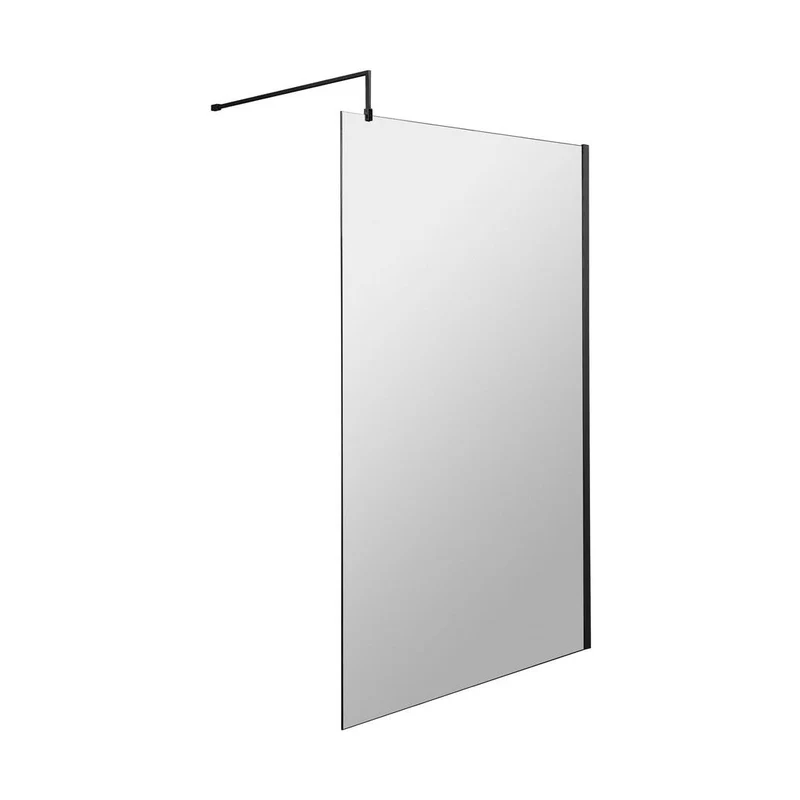 Hudson Reed Wetroom Screens 1200mm Wetroom Screen With Black Support Bar Contemp Matt Black Aluminium 1950x1200x14mm