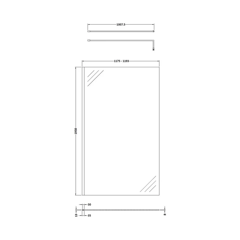 Hudson Reed Wetroom Screens 1200mm Wetroom Screen With Black Support Bar Contemp Matt Black Aluminium 1950x1200x14mm