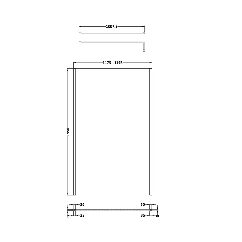 Hudson Reed Wetroom Screens 1200mm Outer Framed Wetroom Screen With Support Bar Contemp Matt Black Aluminium 1950x1200x14mm