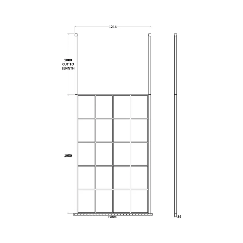Hudson Reed Wetroom Screens 1200mm Frame Screen With Ceiling Posts Contemp Matt Black Aluminium 1950x1200x14mm
