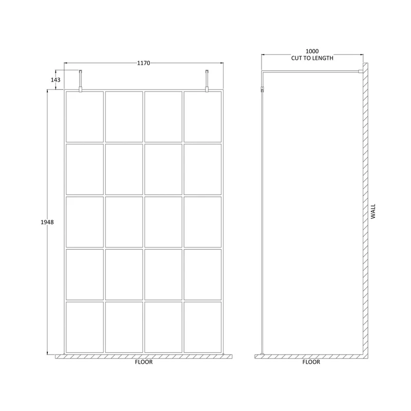 Hudson Reed Wetroom Screens 1200mm Frame Screen With Arms And Feet Contemp Matt Black Aluminium 1950x1200x14mm