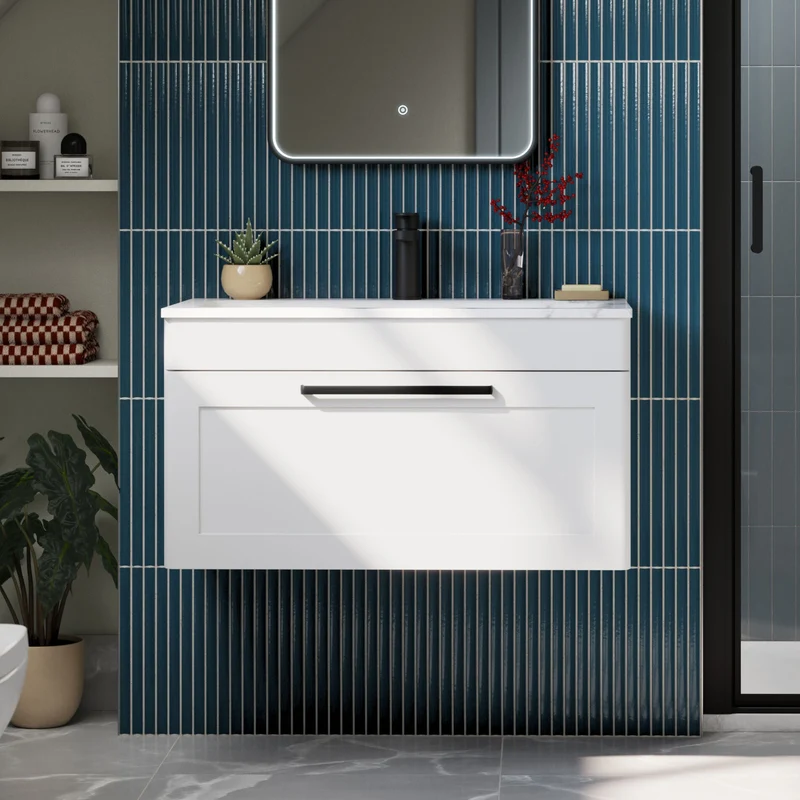 Classique 800mm Wall Hung 1 Drawer Vanity Unit With Marble Stone Basin - Satin White