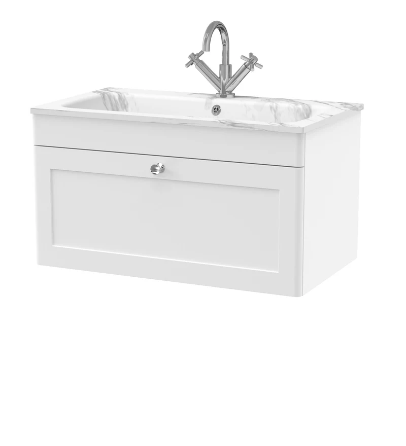 Classique 800mm Wall Hung 1 Drawer Vanity Unit With Marble Stone Basin - Satin White