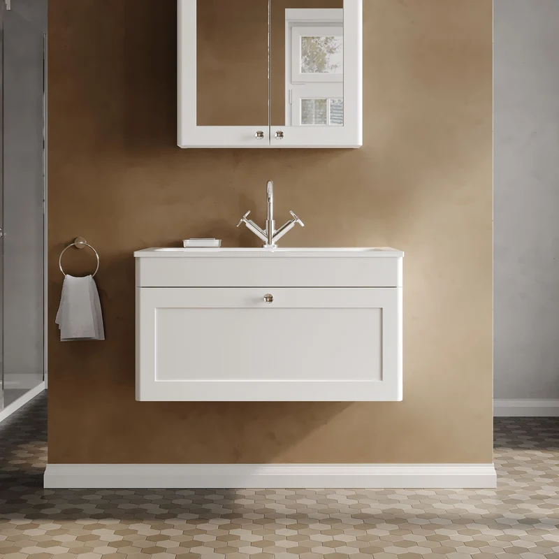 Classique 800mm Wall Hung 1 Drawer Vanity Unit With White Stone Basin - Satin White