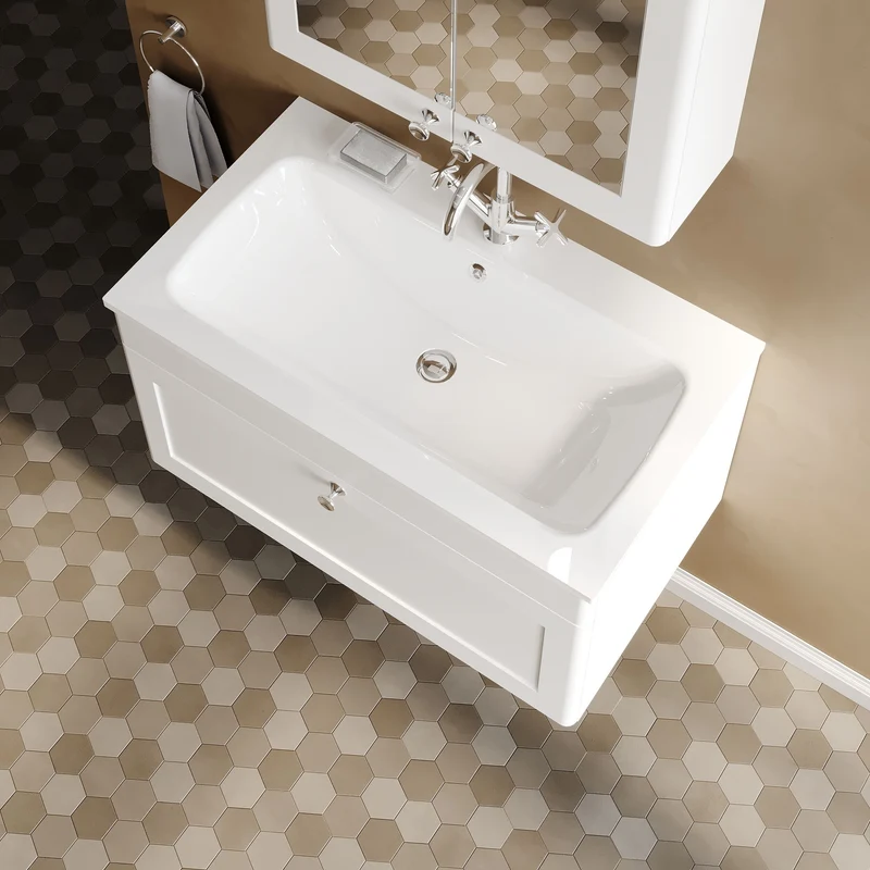 Classique 800mm Wall Hung 1 Drawer Vanity Unit With White Stone Basin - Satin White