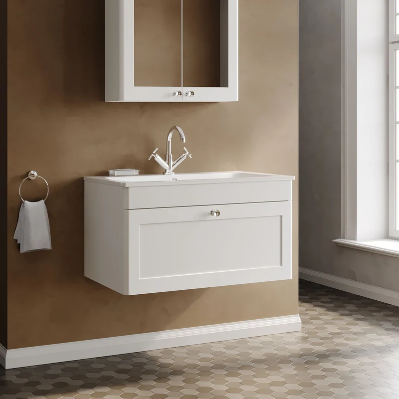 Classique 800mm Wall Hung 1 Drawer Vanity Unit With White Stone Basin - Satin White