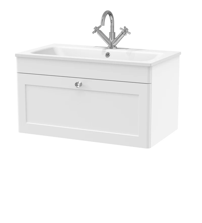Classique 800mm Wall Hung 1 Drawer Vanity Unit With White Stone Basin - Satin White