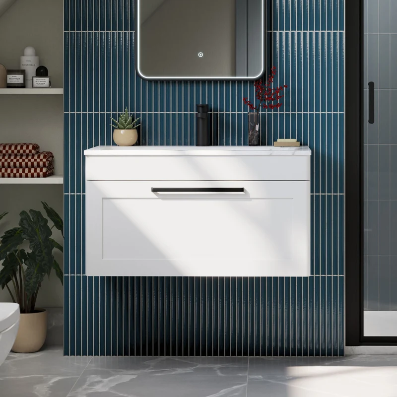 Classique 600mm Wall Hung 1 Drawer Vanity Unit With Marble Stone Basin - Satin White