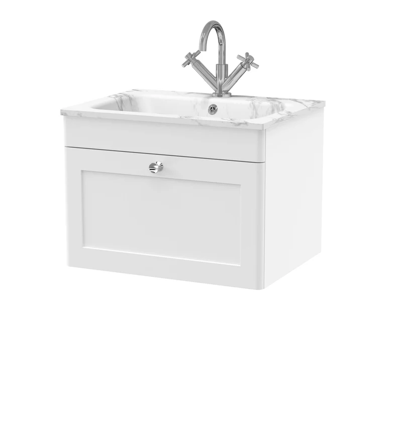 Classique 600mm Wall Hung 1 Drawer Vanity Unit With Marble Stone Basin - Satin White